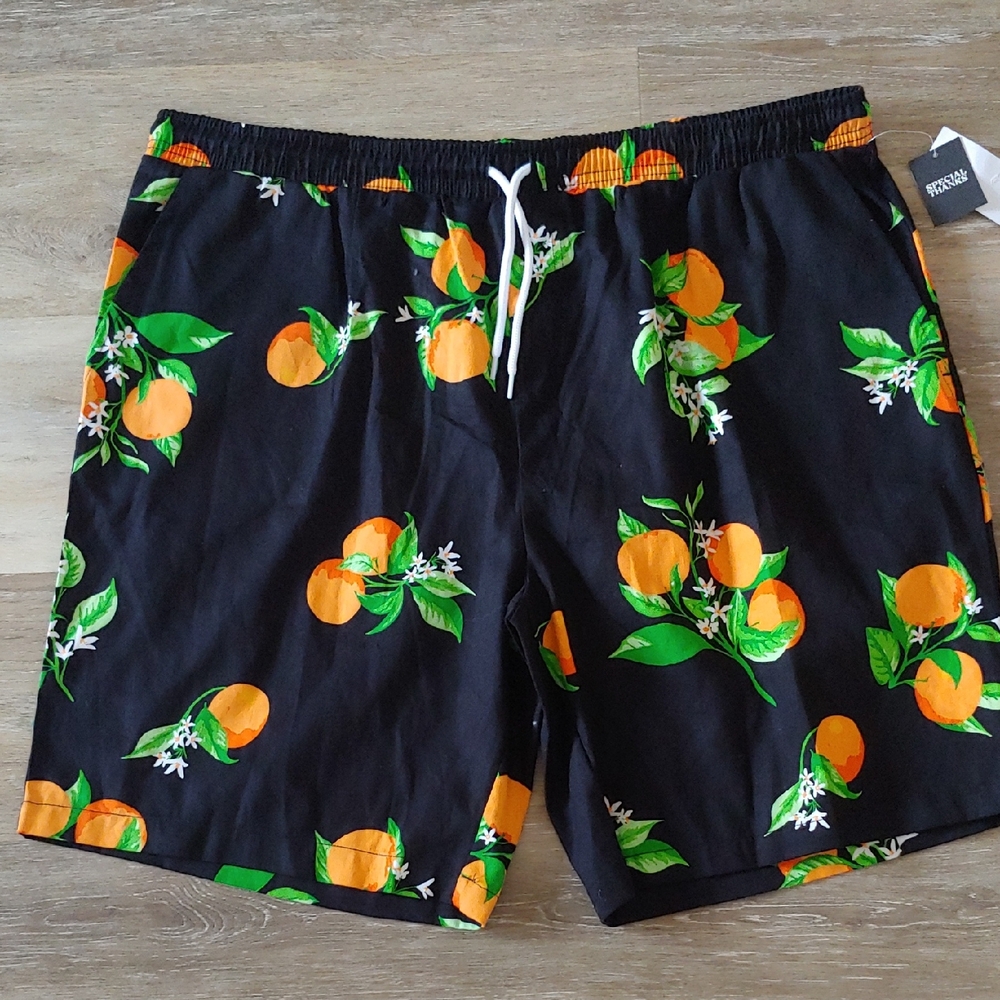 NWT Special Thanks Mens Fruit Print 100% Cotton Shorts Black Size XL